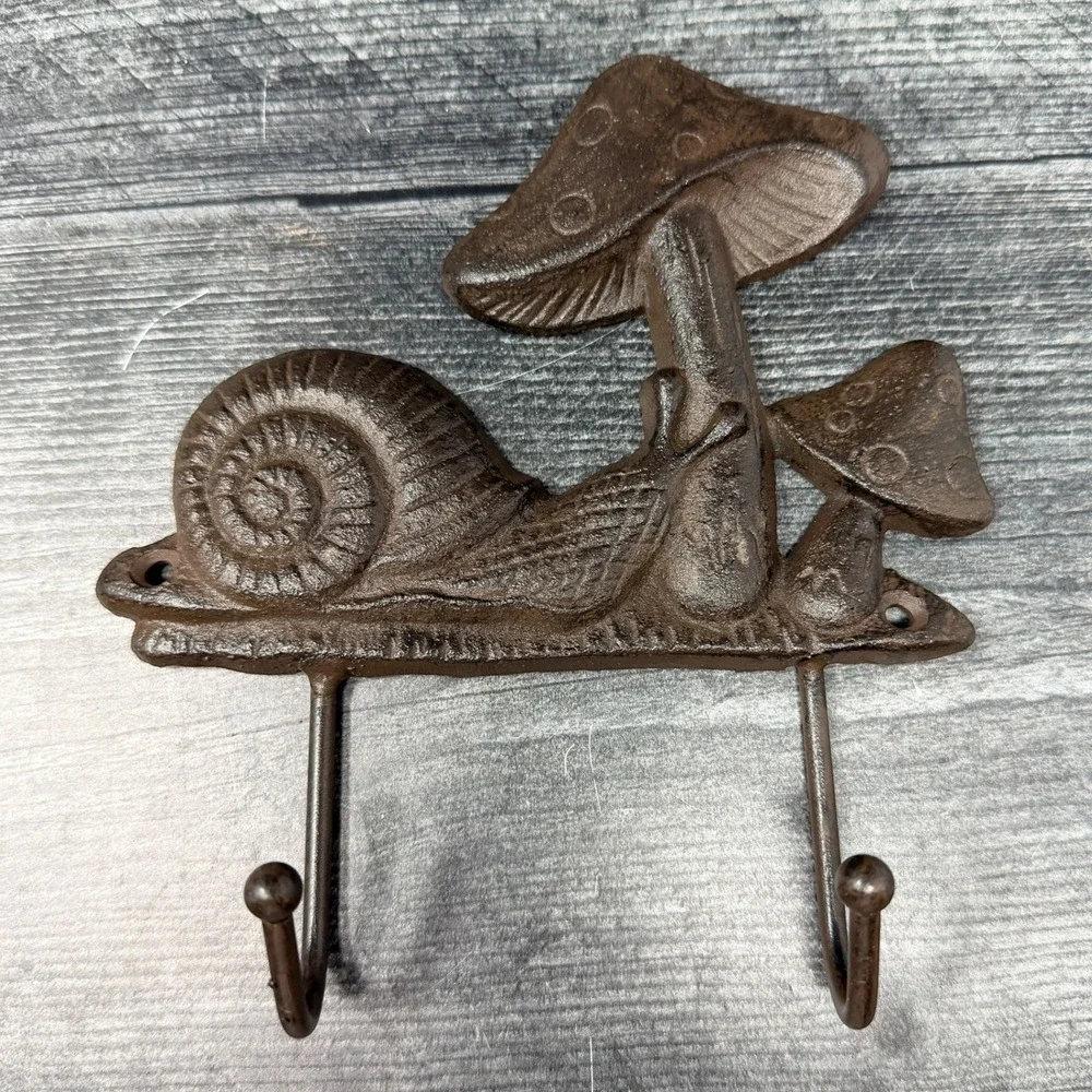 Cast Iron Snail Mushroom Double Wall Hook Garden Whimsical Cottage Decor